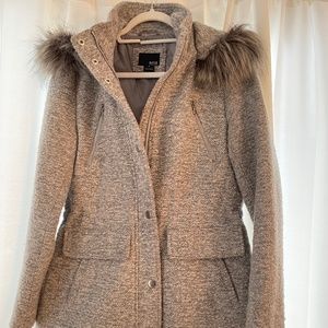 Heather Gray Mid Length Coat w/Faux Fur Hood